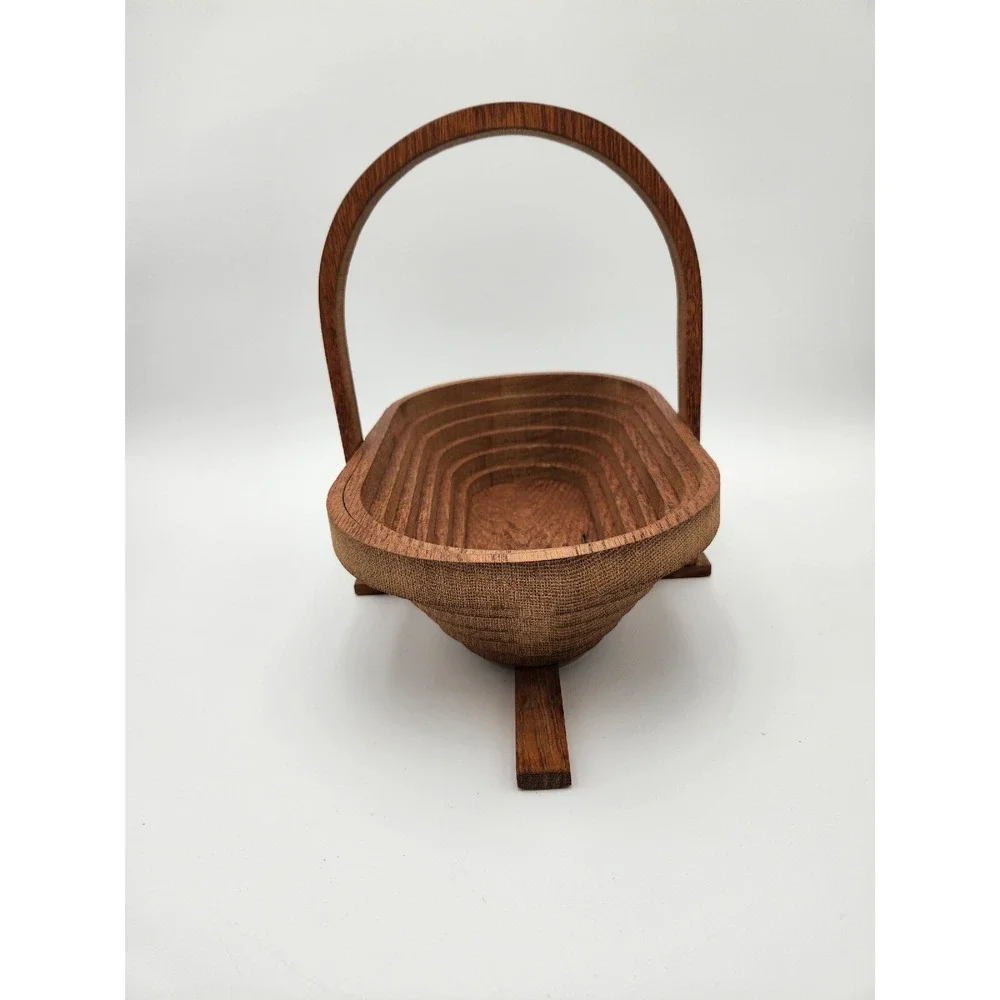 Folding Collapsible Wooden Oval Basket with Handle MCM wood vintage